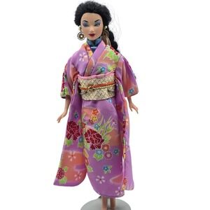 Barbie Doll in‎ Floral Kimono Outfit Pink Purple Obi Belt Genuine Barbie Tag